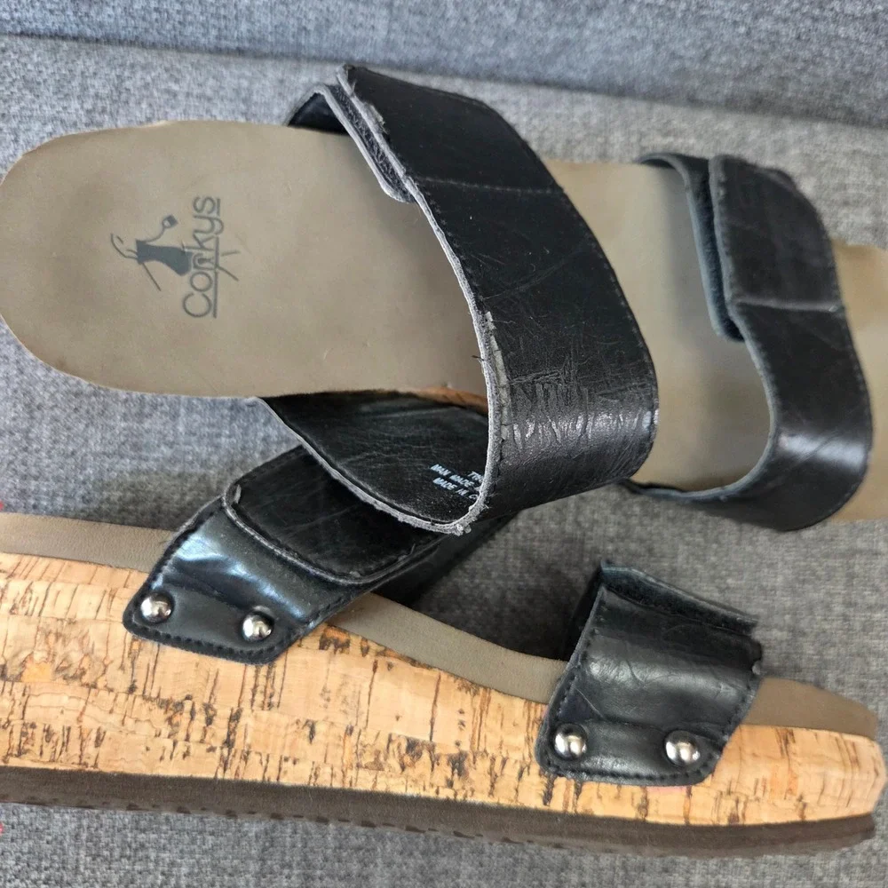 Corkys Black Cork Wedge Slide Sandals Women's Size 10 Double Strap Comfort